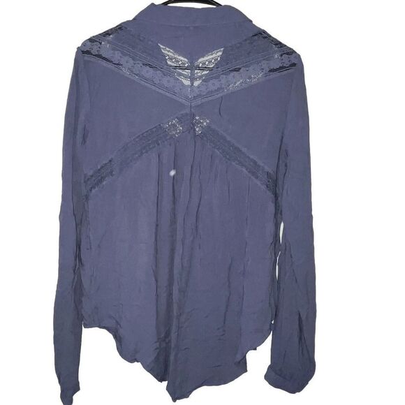 FREE PEOPLE Blouse Womens Small Blue Wild Wind Western Button Down Sheer Lace - Picture 7 of 9